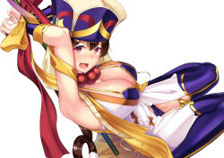 Rule 34 | 1girl, beads, bikini, bikini top only, black hair, blush, breasts, cleavage, fate/grand order, fate (series), hat, jewelry, kasappi, large breasts, long hair, looking at viewer, necklace, prayer beads, smile, solo, swimsuit, thighhighs, xuangzang sanzang (fate)