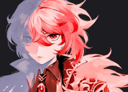 Rule 34 | 1boy, black background, closed mouth, coat, crossed bangs, diluc (genshin impact), genshin impact, hair between eyes, high collar, highres, long hair, looking at viewer, male focus, monochrome, portrait, red theme, signature, simple background, solo, tatata taira
