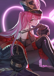 Rule 34 | 1girl, absurdres, black hat, breasts, brown pantyhose, cleavage, gloves, hair between eyes, hand fan, hat, heterochromia, highres, hololive, houshou marine, houshou marine (marching band), jacket, looking at viewer, pantyhose, red hair, ruiuncle, see-through, see-through cleavage, sitting, solo, virtual youtuber