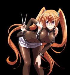 Rule 34 | 10s, 1girl, arm behind back, armpits, bent over, between fingers, black pantyhose, breasts, character name, chess piece, cleavage, covered erect nipples, detached sleeves, hair between eyes, hair ornament, hand on own hip, hand on own knee, high school dxd, holding, holding knife, knife, knives between fingers, large breasts, long hair, looking at viewer, miniskirt, orange hair, pantyhose, pencil skirt, purple eyes, rook (chess), see-through, shidou irina, shiny clothes, shiny skin, skin tight, skirt, smile, solo, sparkle, standing, third-party source, transparent background, twintails, very long hair, white skirt