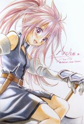 Rule 34 | 1girl, arche klein, axe, belt, coat, cosplay, dagger, dress, elbow gloves, gloves, herohero, highres, holding, holding axe, knife, long hair, looking at viewer, marker (medium), open clothes, open dress, pink eyes, pink hair, ponytail, presea combatir, simple background, sleeveless, sleeveless coat, smile, solo, tales of (series), tales of phantasia, tales of symphonia, traditional media, weapon, white background