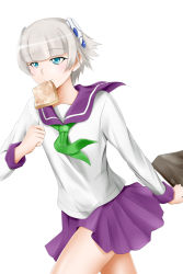 Rule 34 | 1girl, bag, blue eyes, blunt bangs, bread eating race, bread slice, cowboy shot, food, food in mouth, green neckwear, headgear, highres, holding, holding bag, kimmy77, late for school, long sleeves, meteora osterreich, miniskirt, mouth hold, pleated skirt, purple sailor collar, purple skirt, re:creators, running, sailor collar, school uniform, serafuku, shirt, short hair, silver hair, simple background, skirt, solo, toast, toast in mouth, white background, white shirt
