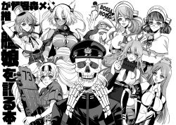Rule 34 | 1other, 6+girls, admiral (kancolle), anno88888, arms behind head, arms up, breasts, budget sarashi, capelet, commentary request, dark-skinned female, dark skin, detached sleeves, flight deck, gambier bay (kancolle), giuseppe garibaldi (kancolle), glasses, gloves, greyscale, hair between eyes, hairband, hat, headdress, headgear, highres, kantai collection, littorio (kancolle), long hair, monochrome, multicolored hair, multiple girls, musashi (kancolle), necktie, rigging, roma (kancolle), sarashi, short hair, short sleeves, simple background, skeleton, smile, south dakota (kancolle), star (symbol), tears, twintails, washington (kancolle)