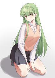 Rule 34 | 1girl, absurdres, black skirt, breasts, brown vest, c.c., closed mouth, code geass, collared shirt, green eyes, green hair, grey background, grey shirt, highres, leticia, long hair, long sleeves, looking at viewer, medium breasts, pleated skirt, seiza, shirt, simple background, sitting, skirt, socks, solo, vest, yellow eyes