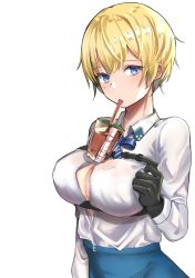 Rule 34 | 1girl, bad id, bad pixiv id, belt, black gloves, blonde hair, blue bow, blue bowtie, blue eyes, blue skirt, blush, bow, bowtie, breast hold, breasts, bubble tea challenge, cleavage, closed mouth, cup, drinking, girls&#039; frontline, gloves, hand on breast, highres, large breasts, looking at viewer, mole, mole under eye, pengrani, shirt, short hair, skirt, solo, vsk-94 (girls&#039; frontline), white background, white shirt