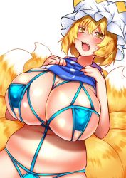 Rule 34 | 1girl, areola slip, blonde hair, blush, breasts, cleavage, covered erect nipples, heart, heart-shaped pupils, huge breasts, looking at viewer, open mouth, plump, short hair, solo, symbol-shaped pupils, touhou, wildcat (kusonemi), yakumo ran, yellow eyes