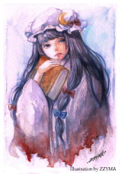 Rule 34 | 1girl, blue bow, blunt bangs, book, bow, crescent, crescent hair ornament, crescent hat ornament, dated, hair ornament, hat, hat ornament, johnalay, long hair, looking at viewer, mob cap, patchouli knowledge, purple eyes, purple hair, solo, swept bangs, touhou, traditional media