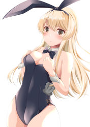 Rule 34 | 1girl, absurdres, anchor, black bow, black bowtie, black hairband, blonde hair, bow, bowtie, breasts, brown eyes, cleavage, detached collar, hairband, highres, houki (tonburi), kantai collection, leotard, long hair, looking at viewer, medium breasts, playboy bunny, shimakaze (kancolle), simple background, solo, white background, wrist cuffs
