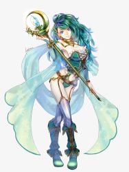 Rule 34 | 1990s (style), 1girl, arm warmers, belt, blue eyes, boots, breasts, choker, cleavage, clothing cutout, crystal, earrings, final fantasy, final fantasy iv, fujimoto kishino, full body, garter straps, green footwear, green hair, hair ornament, hairclip, highres, jewelry, knee boots, large breasts, leotard, long hair, navel cutout, retro artstyle, rydia (ff4), sash, see-through, signature, smile, solo, square enix, staff, standing, star (symbol), striped clothes, striped thighhighs, thigh strap, thighhighs, thighhighs under boots, white background