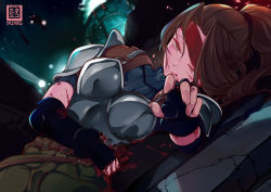 Rule 34 | 1girl, armor, artist name, black gloves, blood, blush, breastplate, breasts, brown eyes, brown hair, commentary request, final fantasy, final fantasy vii, final fantasy vii remake, fingerless gloves, gloves, headband, injury, jessie rasberry, long hair, looking at viewer, nekomimipunks, ponytail, red eyes, red headband, shoulder armor, smile, solo, spoilers, tears