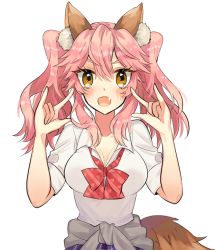 Rule 34 | 10s, 1girl, animal ear fluff, animal ears, bad id, bad pixiv id, blush, breasts, cleavage, clothes around waist, fang, fate/extella, fate/extra, fate (series), fox ears, fox tail, jacket, jacket around waist, large breasts, long hair, looking at viewer, official alternate costume, open mouth, pink hair, school uniform, shirt, simple background, solo, tail, tamamo (fate), tamamo no mae (jk) (fate), twintails, unbuttoned, white background, yellow eyes