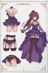 Rule 34 | 1girl, absurdres, alcohol, ass, black thighhighs, cup, dress, drinking glass, elbow gloves, fate/grand order, fate (series), garter belt, garter straps, gloves, high heels, highres, holding, long hair, multiple views, panties, purple eyes, purple hair, purple panties, sayika, scan, scathach (fate), simple background, sleeveless, thighhighs, underwear, wine, wine glass
