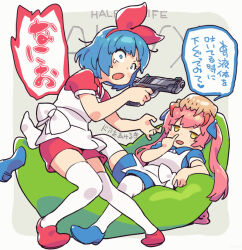 Rule 34 | 2girls, apron, bean bag chair, blue eyes, blue hair, blue ribbon, blue shirt, blue shorts, border, commentary request, creature on head, grey background, gun, hair ribbon, hairband, half-life: alyx, half-life (series), handgun, headcrab, holding, holding gun, holding weapon, jitome, long hair, looking ahead, looking to the side, multiple girls, nose picking, om (nk2007), omega rei, omega rio, omega sisters, open mouth, outside border, pigeon-toed, pink hair, pinky out, puffy short sleeves, puffy sleeves, reclining, red hairband, red ribbon, red shirt, red shorts, ribbon, shirt, shoes, short hair, short sleeves, shorts, shouting, siblings, single shoe, sisters, smile, speech bubble, spread legs, standing, tearing up, thighhighs, translation request, twintails, v-shaped eyebrows, virtual youtuber, weapon, white apron, white border, white thighhighs, wide-eyed, yellow eyes