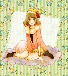 Rule 34 | 1girl, ami7, ankle boots, bad id, bad pixiv id, bloomers, blush, boots, bracelet, brown hair, cardigan, earrings, eyeshadow, floral background, flower, food, fruit, green eyes, hat, jewelry, makeup, necklace, original, rose, sitting, solo, strawberry, underwear