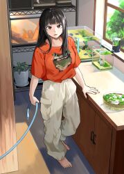 Rule 34 | 1girl, absurdres, baggy pants, barefoot, black hair, blunt bangs, breasts, commentary, eyelashes, feet, fish tank, full body, grey eyes, highres, holding, indoors, long hair, looking at viewer, medium breasts, mmmo3, open mouth, orange shirt, original, oversized clothes, oversized shirt, pants, plant, potted plant, shirt, shirt tucked in, sidelocks, solo, standing, t-shirt, toenails, toes, white pants