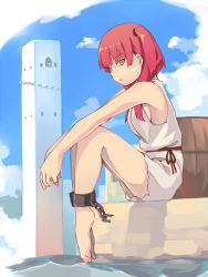 Rule 34 | 1girl, alternate eye color, ankle cuffs, bare legs, barefoot, barrel, breasts, chain, cuffs, dress, feet, foge, legs, long hair, looking at viewer, magi the labyrinth of magic, morgiana, red hair, shackles, side ponytail, sideboob, sitting, small breasts, solo, torn clothes, water, yellow eyes