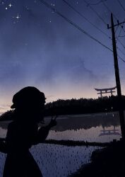 Rule 34 | 1girl, blue sky, dawn, dutch angle, facing viewer, feet out of frame, gradient sky, hand up, hat, highres, long sleeves, maribel hearn, mob cap, nama udon, outdoors, power lines, reflection, reflective water, rice paddy, rural, scenery, silhouette, sky, solo, standing, star (sky), starry sky, torii, touhou, utility pole, v, yellow sky
