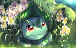 Rule 34 | bulbasaur, claws, closed mouth, commentary request, creatures (company), day, flower, game freak, gen 1 pokemon, grass, looking up, nintendo, outdoors, pokemon, pokemon (creature), rain, red eyes, smile, uyumaru art, water drop