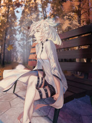 Rule 34 | 1girl, a zhendechibuxiale, absurdres, arknights, autumn, belt, boots, commentary request, crossed legs, day, elite ii (arknights), forest, highres, leaf, long sleeves, looking afar, nature, orange eyes, outdoors, profile, ptilopsis (arknights), ptilopsis (elite ii) (arknights), sitting, solo, thigh boots, white hair
