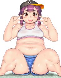Rule 34 | 1girl, arms up, baseball cap, blue legwear, blush, breasts, brown eyes, collarbone, commentary request, double v, feet out of frame, hat, highres, looking at viewer, medium hair, navel, on floor, open mouth, original, orizen, panties, panty peek, plump, purple hair, short hair with long locks, shorts, sidelocks, simple background, small breasts, solo, sports bra, straight-on, sweat, thick thighs, thighs, tsurime, underwear, v, white background, white panties