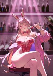 Rule 34 | 1girl, absurdres, alcohol, animal ears, arm support, bar (place), bar stool, bare shoulders, blush, bow, bowtie, breasts, champagne flute, cleavage, collarbone, colored inner hair, counter, crossed legs, cup, detached collar, drinking glass, fake animal ears, feet out of frame, goddess of victory: nikke, head tilt, heiyu, highleg, highleg leotard, highres, horns, jacket, large breasts, leotard, light brown hair, liquor, long hair, looking at viewer, multicolored hair, official alternate costume, open mouth, pantyhose, pink bow, pink bowtie, pink eyes, pink hair, pink horns, pink jacket, playboy bunny, pouring, pouring onto self, rabbit ears, red leotard, sideboob, sidelocks, sitting, skindentation, smile, solo, stool, strapless, strapless leotard, viper (nikke), viper (toxic rabbit) (nikke), white pantyhose, wrist cuffs