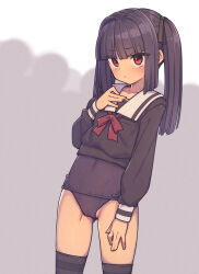 Rule 34 | 1girl, 6+others, black one-piece swimsuit, black ribbon, black serafuku, black thighhighs, blush, cameltoe, closed mouth, collarbone, commentary, covered navel, everyntrge, gluteal fold, hair ribbon, hand on own chest, highres, long hair, looking ahead, multiple others, one-piece swimsuit, original, purple hair, red eyes, red ribbon, ribbon, sailor collar, school uniform, serafuku, shadow, sidelocks, solo focus, standing, swimsuit, thighhighs, twintails, white background, white sailor collar