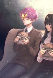 Rule 34 | 1boy, 1girl, bench, black neckwear, black pants, black skirt, brown eyes, brown hair, brown sweater, bug, butterfly, club suicide, collared shirt, commentary request, eating, food, highres, holding, holding food, insect, long hair, nanin, necktie, pants, pink hair, pleated skirt, shirt, short hair, sitting, skirt, sleeves past wrists, sweater, white shirt, yellow butterfly