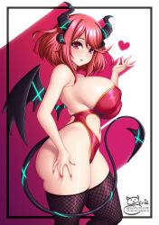 Rule 34 | 1girl, ass, black horns, breasts, clothing cutout, curled horns, demon girl, demon horns, demon tail, demon wings, fishnet thighhighs, fishnets, hands on own thighs, highleg, highleg leotard, highres, horns, huge ass, large breasts, leotard, looking at viewer, multicolored horns, navel cutout, pyra (pro swimmer) (xenoblade), pyra (xenoblade), red eyes, red hair, red leotard, sevie, short hair, solo, swept bangs, tail, thick thighs, thighhighs, thighs, two-tone horns, two-tone leotard, two-tone tail, two-tone wings, wings, xenoblade chronicles (series), xenoblade chronicles 2
