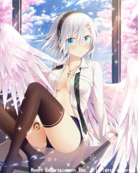 Rule 34 | angel wings, black thighhighs, blue eyes, blush, breast pocket, breasts, cleavage, cross, cross necklace, falkyrie no monshou, flower, green necktie, hair ornament, hairband, hairclip, jewelry, large breasts, natsumekinoko, necklace, necktie, unworn necktie, official art, petals, pocket, short hair, silver hair, sitting, thighhighs, unbuttoned, unbuttoned shirt, wings