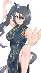 Rule 34 | 1girl, alternate costume, animal ears, black hair, breasts, china dress, chinese clothes, commentary, dress, green eyes, hair between eyes, harakomeshi, highres, horse ears, horse girl, horse tail, large breasts, long hair, looking at viewer, multicolored hair, pelvic curtain, satono crown (umamusume), shorts under dress, side ponytail, side slit, simple background, solo, streaked hair, tail, umamusume, white background, white hair