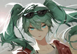 Rule 34 | 1girl, aqua eyes, aqua hair, backlighting, collarbone, commentary, english commentary, eyewear on head, hatsune miku, indai (3330425), jacket, lens flare, long hair, looking at viewer, open mouth, outdoors, red jacket, solo, sun, suna no wakusei (vocaloid), sunglasses, twintails, upper body, vocaloid
