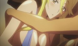 Rule 34 | 2girls, animated, animated gif, assisted exposure, bikini, blonde hair, blush, grabbing another&#039;s breast, breasts, covering privates, covering breasts, dark-skinned female, dark skin, grabbing, highschool of the dead, huge breasts, long hair, lowres, lying, marikawa shizuka, minami rika, multiple girls, nude, on side, pillow, swimsuit, talking, upper body, yellow eyes, yuri