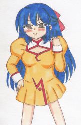 Rule 34 | 1990s (style), 1girl, agent aika, aika (series), artist request, bad anatomy, blue hair, breasts, brown eyes, cleavage, closed mouth, delmo, dress, female focus, golden delmo, hair ribbon, highres, legs, long hair, looking at viewer, miniskirt, retro artstyle, ribbon, rie petoriyacowa, short dress, skirt, smile, solo, standing, traditional media, uniform, very long hair