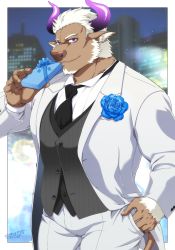 Rule 34 | 1boy, animal ears, bara, black necktie, black vest, blue flower, blue rose, border, brown fur, cityscape, cow ears, cow horns, cow tail, facial hair, flower, formal, furry, furry male, gift, goatee, hand in pocket, highres, holding, holding gift, horns, lapels, large pectorals, male focus, minotaur, muscular, muscular male, necktie, outside border, peaked lapels, pectorals, purple eyes, purple horns, rose, shennong (housamo), signature, solo, suit, tail, tokyo houkago summoners, upper body, vest, white border, white hair, white suit, yanai inaya