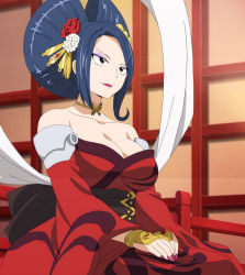 Rule 34 | 1girl, anime screenshot, bare shoulders, blue hair, breasts, butterfly choker, choker, cleavage, eden&#039;s zero, eyeshadow, flower, hair flower, hair ornament, highres, japanese clothes, kurenai kogetsu, large breasts, makeup, mature female, nail polish, smirk, stitched, third-party edit
