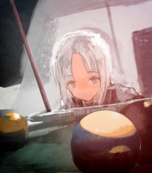 Rule 34 | 1girl, ball, billiard ball, billiards, blurry, brave witches, brown eyes, concentrating, cue stick, depth of field, edytha rossmann, highres, indoors, kabuyama kaigi, long hair, parted bangs, pool table, serious, silver hair, sketch, solo, squatting, table, upper body, vest, world witches series