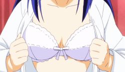 Rule 34 | 1girl, :o, ahoge, animated, animated gif, bare shoulders, blue hair, bra, breasts, cleavage, closed eyes, collarbone, fabulous, female focus, fingernails, grabbing, groin, hair between eyes, hip focus, japanese clothes, kurokami medaka, large breasts, leaning forward, lingerie, long hair, lowres, medaka box, midriff, navel, open clothes, open mouth, open shirt, panties, pink background, ribbon, screencap, shade, shiny skin, shirt, side-tie panties, solo, sparkle, standing, underwear, undressing, white bra, white panties