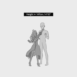 Rule 34 | 1boy, 1girl, ahoge, capelet, dress, english text, geega (vtuber), gloves, greyscale, halfbakelim, hand on another&#039;s neck, height, height difference, highres, long hair, monochrome, simple background, standing, sweat, tiptoes, torn clothes, virtual youtuber, vshojo, white background, wide shot
