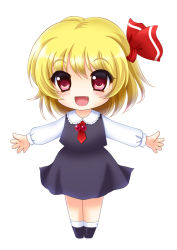 Rule 34 | 1girl, :d, ascot, blonde hair, blush, chibi, fang, female focus, ferre, hair ribbon, long sleeves, open mouth, outstretched arms, red eyes, ribbon, rumia, short hair, simple background, skirt, skirt set, smile, solo, touhou, white background