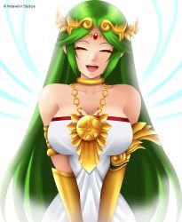 Rule 34 | 1girl, ^ ^, absurdres, armlet, artist name, bangle, bare shoulders, bracelet, breasts, cleavage, closed eyes, dress, gem, green hair, halo, happy, highres, jewelry, kid icarus, kid icarus uprising, large breasts, lips, long hair, neck ring, necklace, nidavellirstudios, nintendo, open mouth, palutena, parted bangs, simple background, smile, solo, standing, strapless, strapless dress, swept bangs, tiara, vambraces, very long hair, white background, white dress