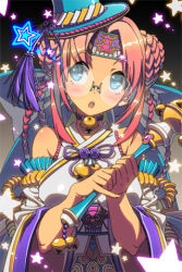 Rule 34 | 1girl, bare shoulders, bell, blue eyes, blush, collar, detached sleeves, glasses, glowing, hat, headband, holding, long hair, lowres, masinhwangje, neck bell, open mouth, parted bangs, pink hair, pinky out, solo, star (symbol), striped, sword girls, wand, witch hat