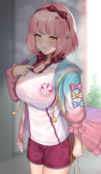 Rule 34 | 1girl, absurdres, ahoge, blurry, blush, breasts, chieru (princess connect!), chieru (school festival) (princess connect!), collarbone, collared shirt, cowboy shot, depth of field, hair ornament, hairband, hand on own chest, highres, jacket, komainu (yamaha1997), large breasts, logo, long sleeves, medium hair, multicolored clothes, multicolored jacket, parted lips, pink hair, princess connect!, purple shorts, shirt, short shorts, shorts, solo, star (symbol), star hair ornament, sweat, white shirt, yellow eyes