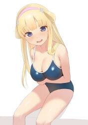 Rule 34 | 1girl, bare shoulders, blonde hair, blue one-piece swimsuit, blush, breasts, cleavage, collarbone, covered navel, cowboy shot, double bun, fletcher (kancolle), hair bun, kantai collection, large breasts, long hair, looking at viewer, one-piece swimsuit, purple eyes, sakieko, simple background, sitting, smile, solo, swimsuit, white background