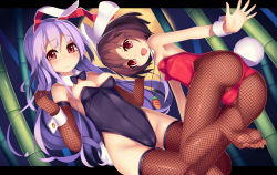 Rule 34 | 2girls, alternate costume, animal ears, bare shoulders, black hair, black leotard, blush, bow, bowtie, breasts, rabbit ears, rabbit tail, cleavage, detached collar, elbow gloves, fishnet gloves, fishnet pantyhose, fishnets, gloves, inaba tewi, leotard, long hair, looking at viewer, mikan (bananoha), multiple girls, open mouth, pantyhose, playboy bunny, purple hair, rabbit girl, red eyes, red leotard, reisen udongein inaba, short hair, small breasts, smile, tail, tears, touhou, wrist cuffs