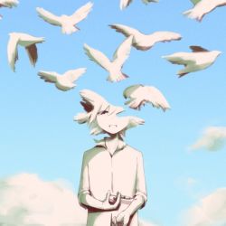 Rule 34 | avogado6, bird, blue sky, cloud, collared shirt, day, drugs, holding, holding syringe, injection, long sleeves, looking at viewer, original, shirt, sky, smile, symbolism, syringe, wing collar