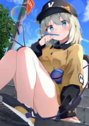 Rule 34 | 1girl, alternate costume, baseball cap, blowing bubbles, blue eyes, blue sky, contemporary, ear piercing, eyeball, green hair, hat, heart, heart of string, highres, jewelry, kirikaze ren, komeiji koishi, layered shirt, looking at viewer, pendant, piercing, road sign, shoes, short hair, shorts, sign, sitting, sitting on stairs, skull print, sky, sneakers, solo, stairs, third eye, touhou