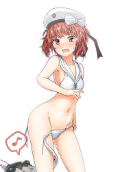 Rule 34 | 1girl, armpits, bare shoulders, bikini, blush, bow, brown eyes, brown hair, clothes writing, commentary request, enemy naval mine (kancolle), hair between eyes, halkawa501, hat, highres, kantai collection, looking at viewer, musical note, open mouth, ribbon, sailor bikini, sailor collar, sailor hat, short hair, simple background, speech bubble, swimsuit, tearing up, tears, tentacles, white background, white bikini, z3 max schultz (kancolle)