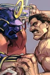 Rule 34 | 2boys, anger vein, armor, black eyes, black hair, capcom, clenched teeth, face, facial hair, fighting, final fight, glint, helmet, holding, holding weapon, hungry clicker, male focus, mike haggar, multiple boys, muscular, mustache, old, old man, profile, simple background, sodom, street fighter, street fighter zero (series), teeth, topless male, v-shaped eyebrows, veins, weapon