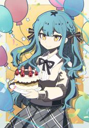 Rule 34 | 1girl, artist request, balloon, bang dream!, bang dream! it&#039;s mygo!!!!!, birthday cake, black ribbon, blue hair, cake, chinese commentary, closed mouth, commentary request, commission, confetti, cowboy shot, food, grey skirt, hair ribbon, highres, holding, holding cake, holding food, long sleeves, looking at viewer, neck ribbon, plaid, plaid skirt, ribbon, second-party source, shirt, skirt, smile, solo, togawa sakiko, two side up, yellow eyes, yellow shirt