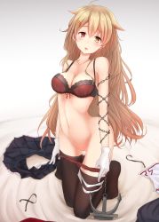 Rule 34 | 1girl, ahoge, anchor, bed, bed sheet, black thighhighs, blush, bow, bow bra, bra, breasts, brown eyes, brown hair, chain, chain around arm, cleavage, crossed bangs, flail, gloves, gradient hair, hair between eyes, hair down, hair flaps, hair ornament, hair ribbon, head tilt, heterochromia, highres, kantai collection, kneeling, light brown hair, lingerie, long hair, looking at viewer, medium breasts, messy hair, multicolored hair, murasame (kancolle), nuka (nvkka), open mouth, panties, panty pull, pleated skirt, red eyes, remodel (kantai collection), ribbon, skirt, smile, solo, stomach, thighhighs, twintails, two side up, underwear, unworn clothes, unworn skirt, very long hair, weapon, white gloves